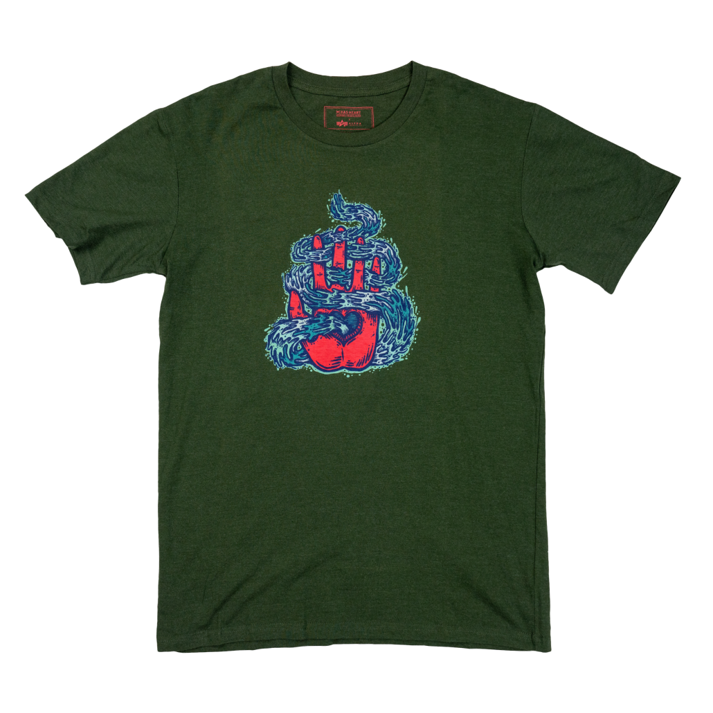 Green shirt with a red hand and teal waves wrapping around and going through the palm